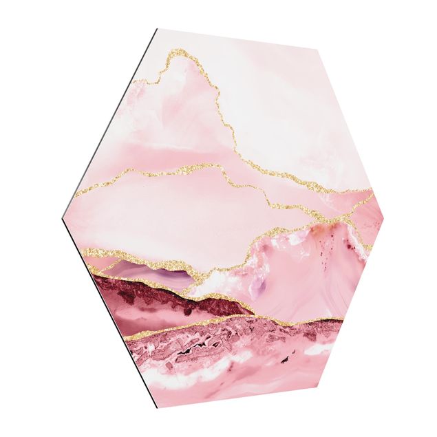 Cuadros de patrones Abstract Mountains Pink With Golden Lines
