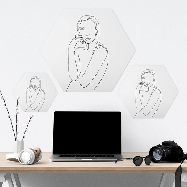 cuadro hexagonal Line Art Pensive Woman Black And White