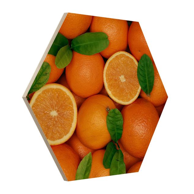 Hexagon Bild Holz - Saftige Orangen