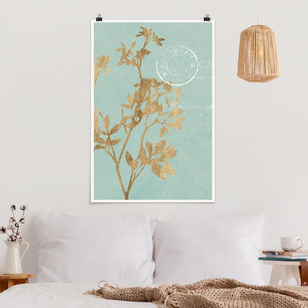 Decoración cocina Golden Leaves On Turquoise I