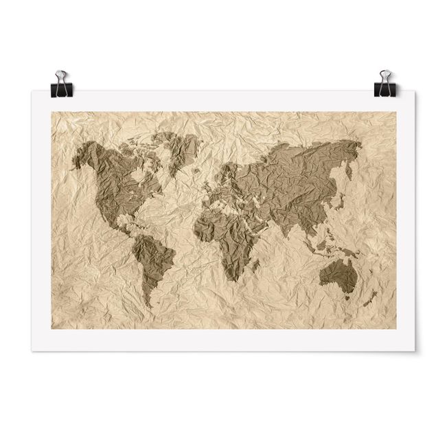 Cuadros modernos Paper World Map Beige Brown