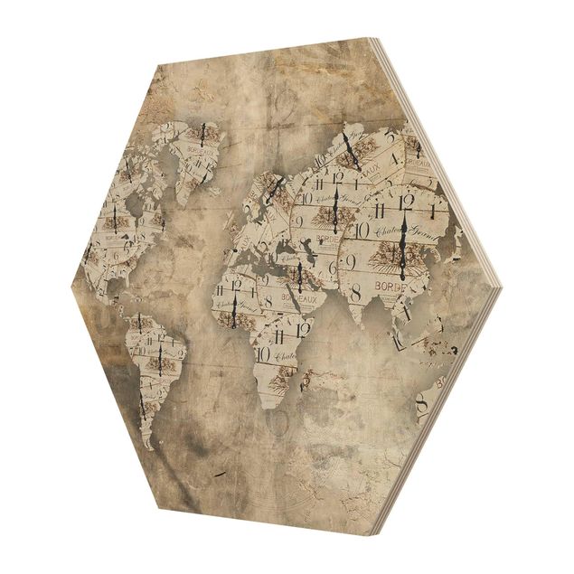 Hexagon Bild Holz - Shabby Uhren Weltkarte
