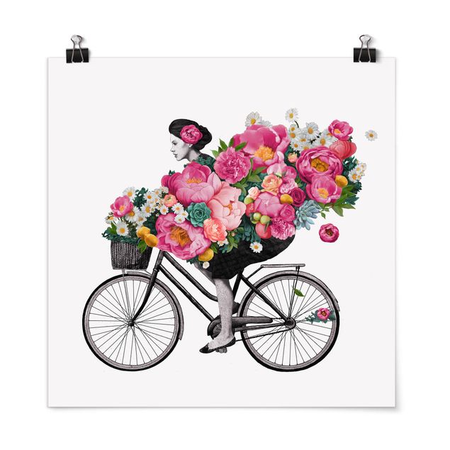 Póster cuadros famosos Illustration Woman On Bicycle Collage Colourful Flowers