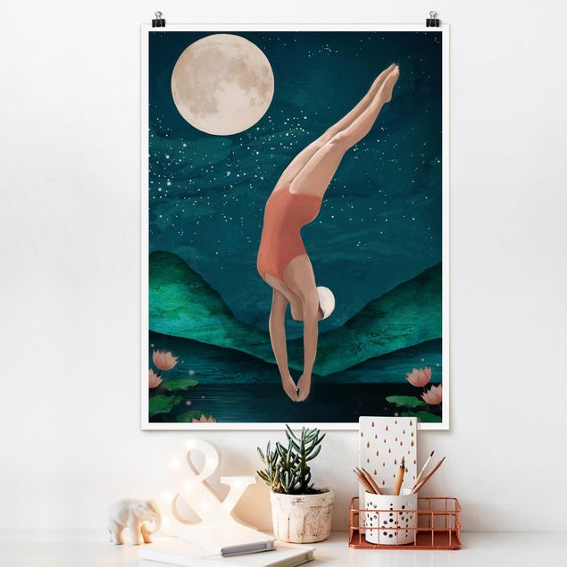 Póster de cuadros famosos Illustration Bather Woman Moon Painting