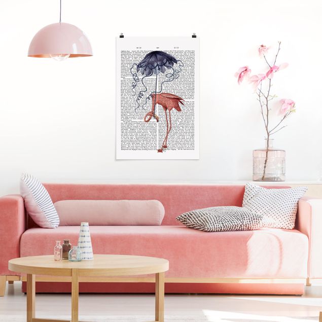 Póster frases Animal Reading - Flamingo With Umbrella