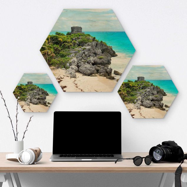 Hexagon Bild Holz - Karibikküste Tulum Ruinen