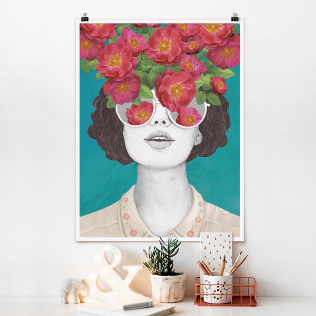 Póster de cuadros famosos Illustration Portrait Woman Collage With Flowers Glasses
