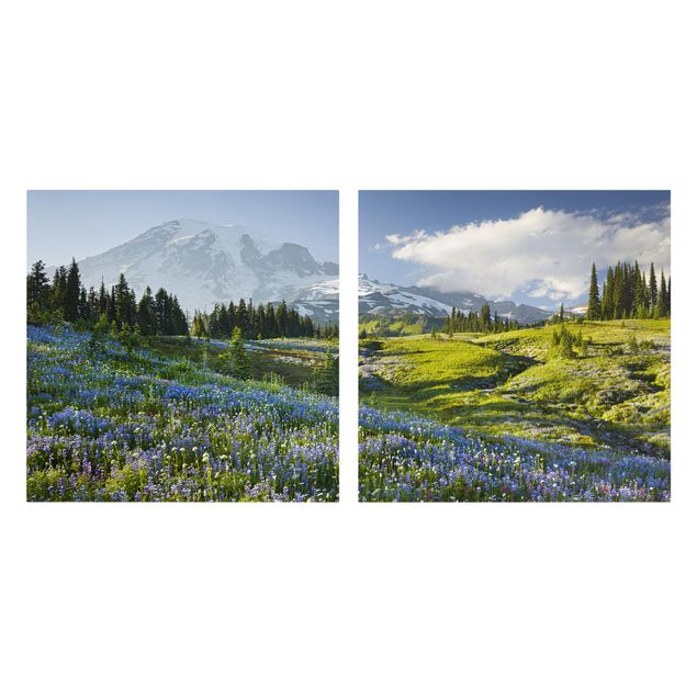 Cuadros de paisajes naturales  Mountain Meadow With Flowers In Front Of Mt. Rainier