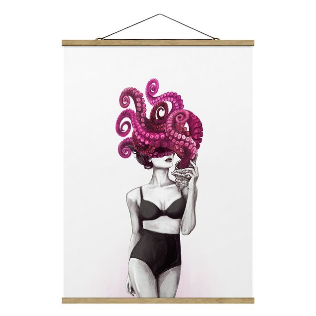 Láminas de cuadros famosos Illustration Woman In Underwear Black And White Octopus