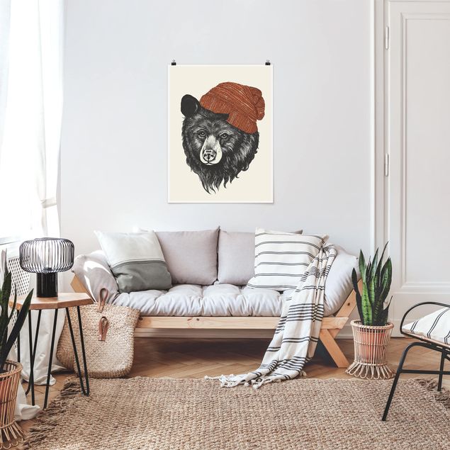 Póster blanco y negro Illustration Bear With Red Cap Drawing