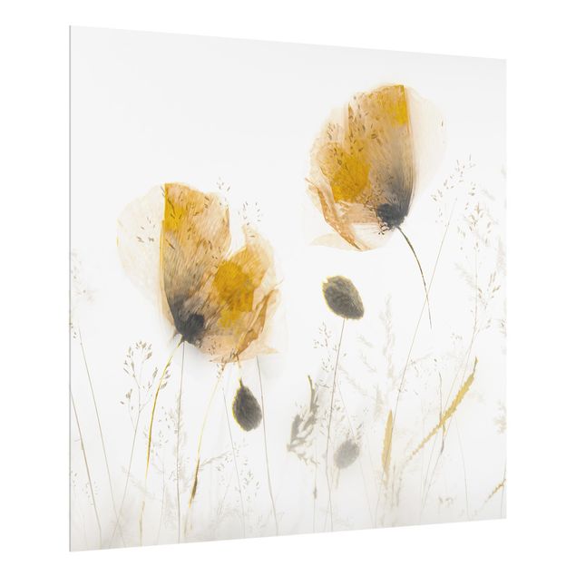 panel-antisalpicaduras-cocina Poppy Flowers And Delicate Grasses In Soft Fog