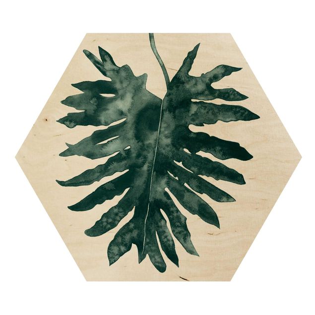 Hexagon Bild Holz - Smaragdgrüner Philodendron Bipinnatifidum