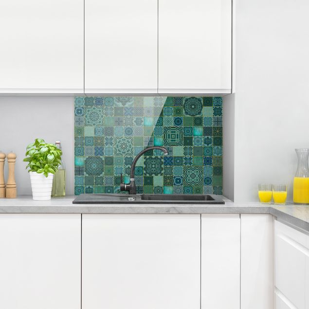 Panel antisalpicaduras cocina patrones Art Deco Tiles Green Marble With Golden Shimmer