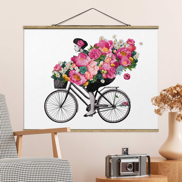 Decoración cocina Illustration Woman On Bicycle Collage Colourful Flowers