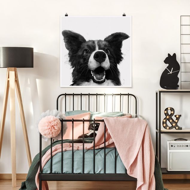 Póster blanco y negro Illustration Dog Border Collie Black And White Painting