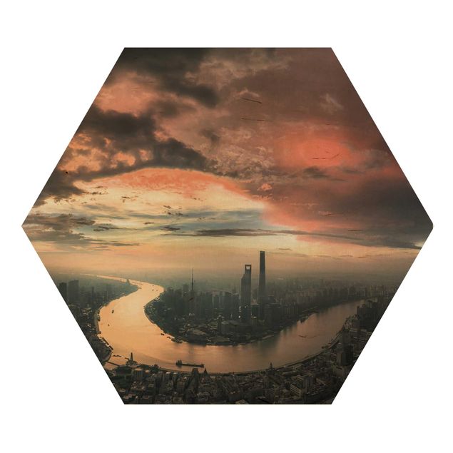 Hexagon Bild Holz - Shanghai am Morgen