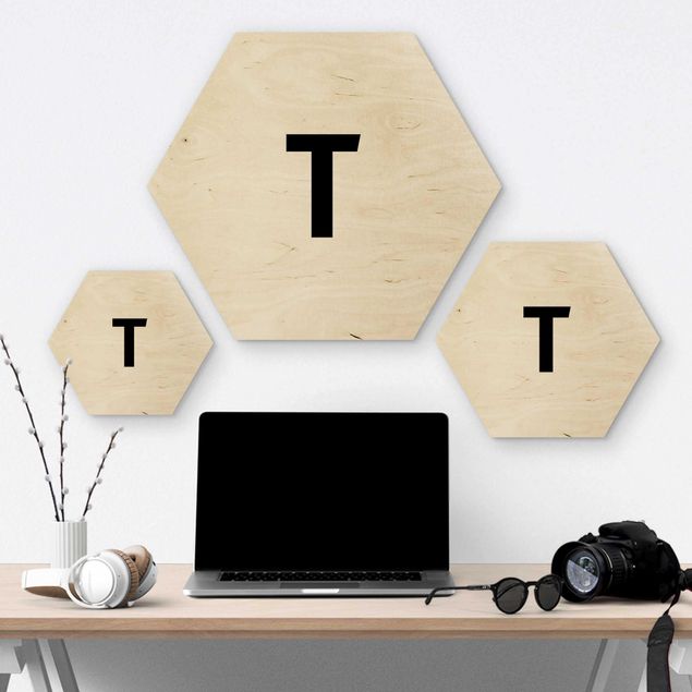 Hexagon Bild Holz - Buchstabe Weiß T
