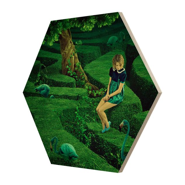 Hexagon Bild Holz - Frau im Labyrinth