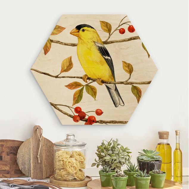 Cuadros vintage madera Birds And Berries - American Goldfinch