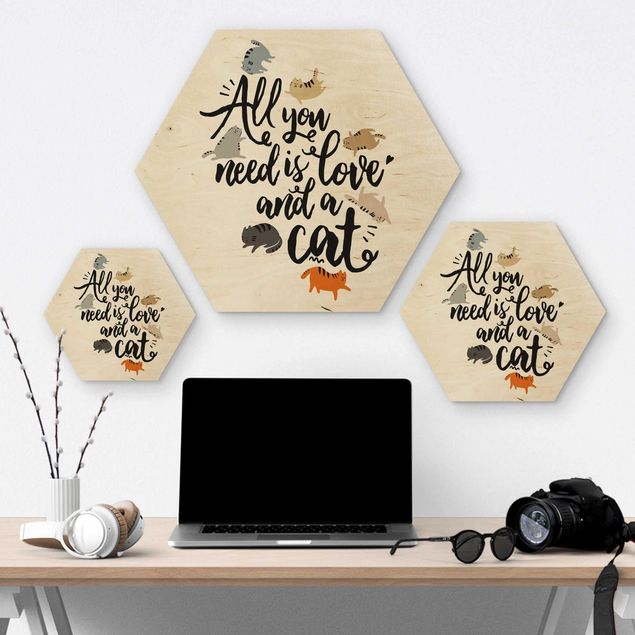 Hexagon Bild Holz - All you need is love and a cat