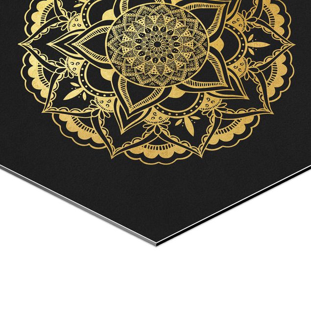 cuadro hexagonal Mandala Flower Sun Illustration Set Black Gold