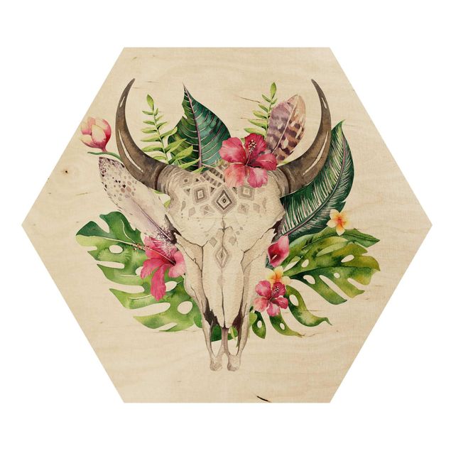 Hexagon Bild Holz - Tropical Flower Skull