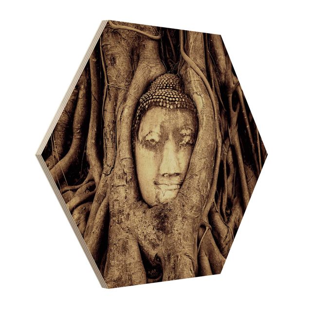 cuadro vintage madera Buddha In Ayutthaya Lined From Tree Roots In Brown