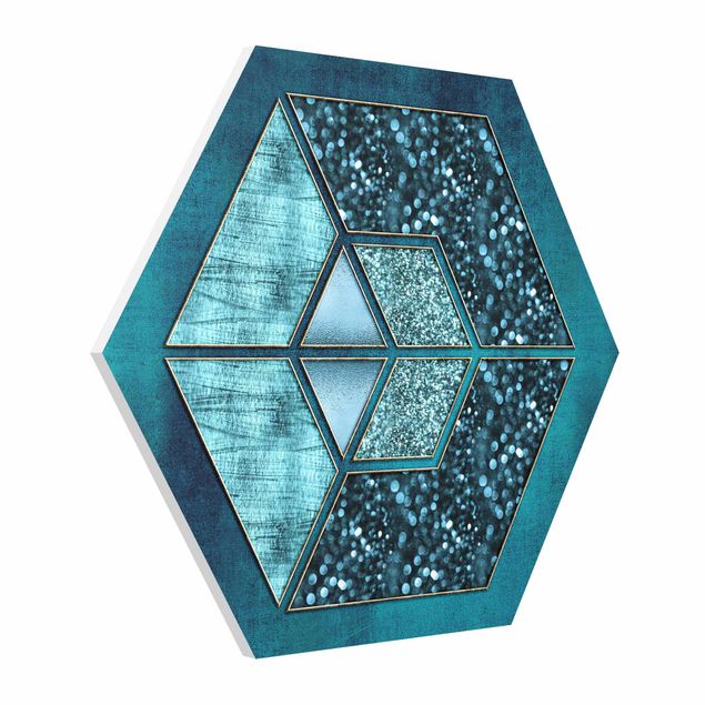 Cuadros decorativos modernos Blue Hexagon With Gold Outline