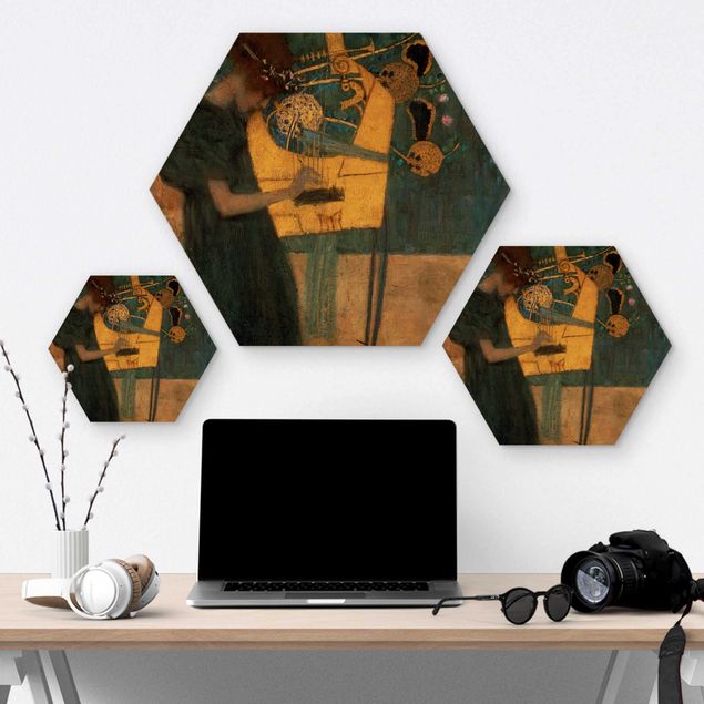Hexagon Bild Holz - Gustav Klimt - Die Musik