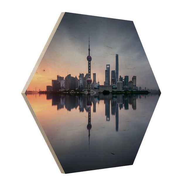 Hexagon Bild Holz - Shanghai Skyline Morgenstimmung