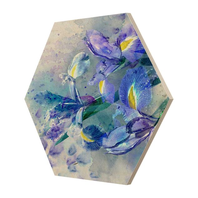 Hexagon Bild Holz - Aquarell Blumen Iris