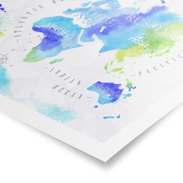 Cuadros azules World Map Watercolour Blue Green