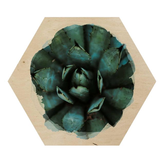 Hexagon Bild Holz - Wasserfarben - Blaue Agave