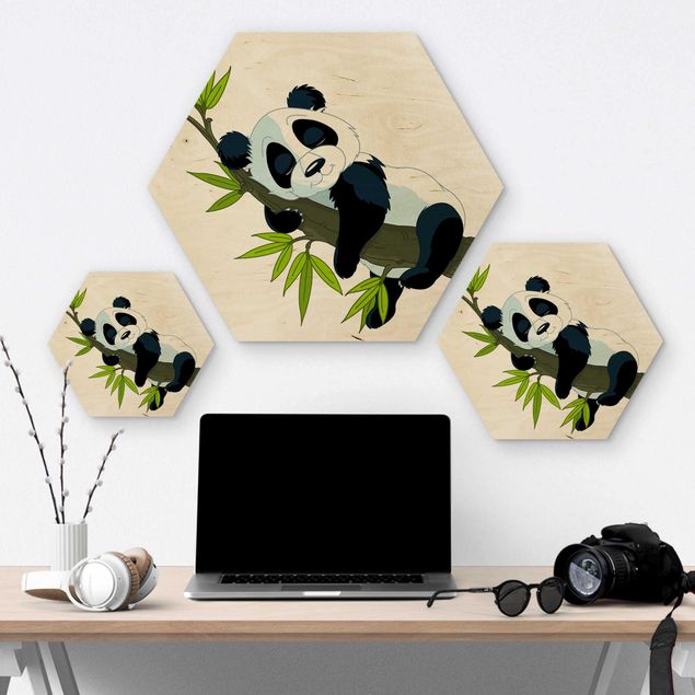 Hexagon Bild Holz - Schlafender Panda