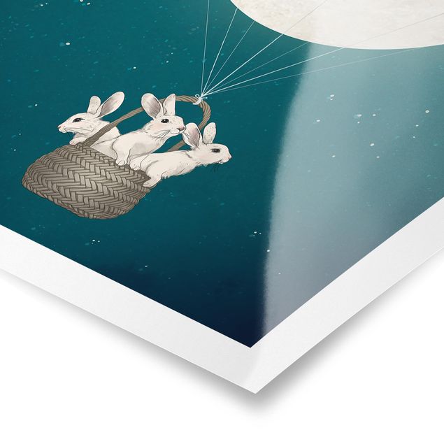 Cuadros Laura Graves Arte Illustration Rabbits Moon As Hot-Air Balloon Starry Sky