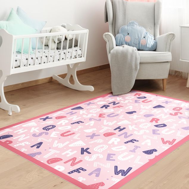 Alfombras modernas Alphabet With Hearts And Dots In Light Pink With Frame