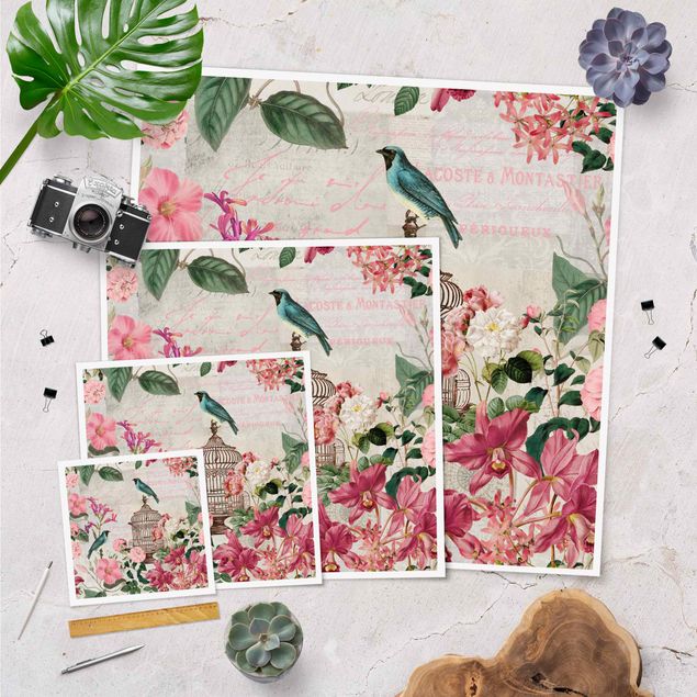 Cuadros decorativos Shabby Chic Collage - Pink Flowers And Blue Birds
