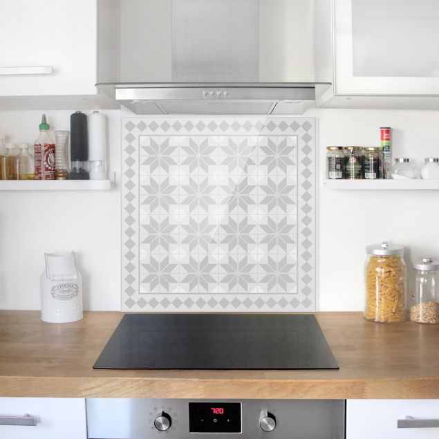 Panel antisalpicaduras cocina patrones Geometrical Tiles Star Flower Grey With Border