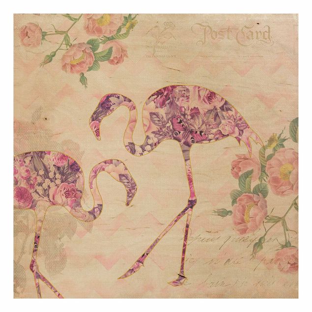 Cuadros de madera flores Vintage Collage - Pink Flowers Flamingos