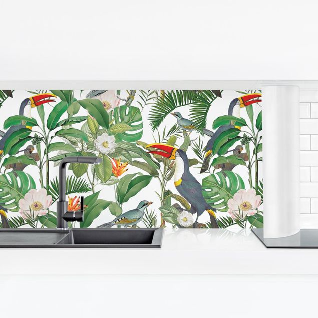 Salpicadero cocina adhesivo flores Tropical Toucan With Monstera And Palm Leaves