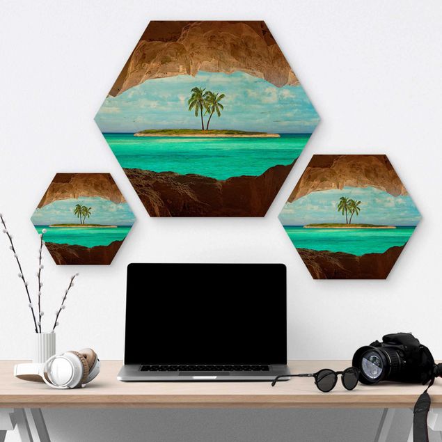 Hexagon Bild Holz - Blick ins Paradies