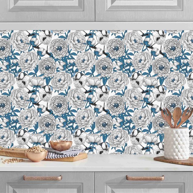 Decoración cocina Peonies And Tomtits In White And Blue