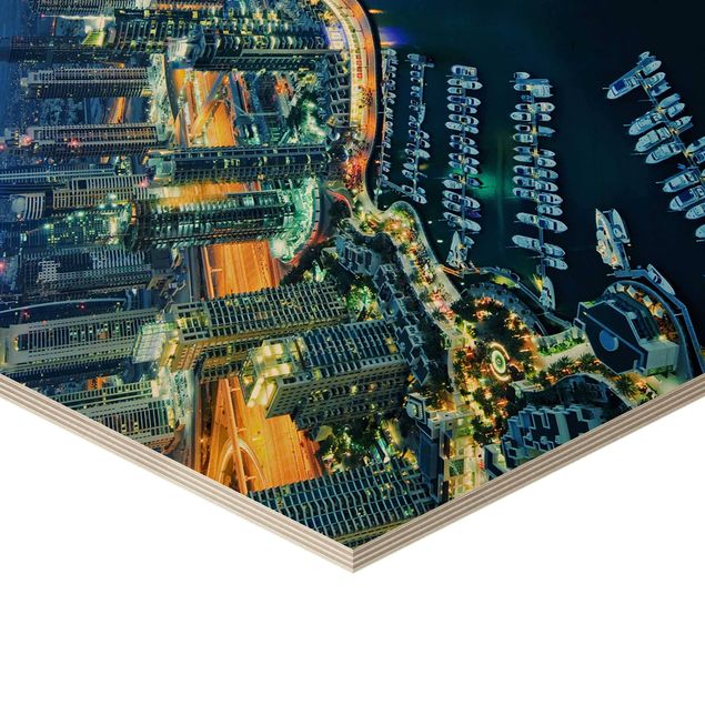 Hexagon Bild Holz - Nächtliche Dubai Marina