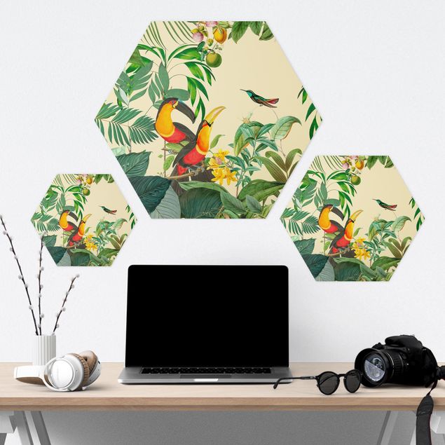 Cuadros hexagonales Vintage Collage - Birds In The Jungle