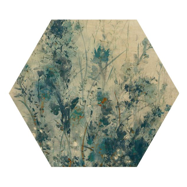 Hexagon Bild Holz - Blaue Frühlingswiese I