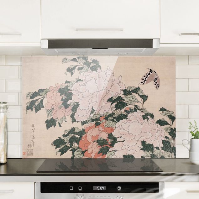 Decoración de cocinas Katsushika Hokusai - Pink Peonies With Butterfly