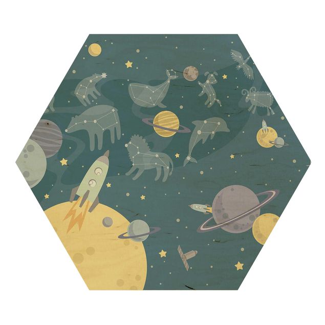 Hexagon Bild Holz - Planeten mit Sternzeichen und Raketen