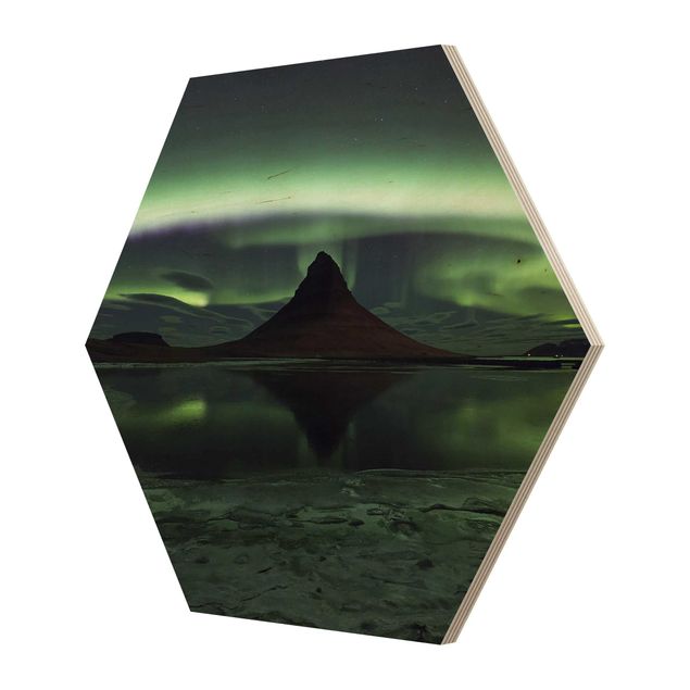 Hexagon Bild Holz - Polarlicht in Island