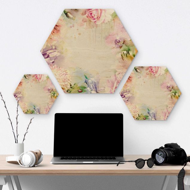 Hexagon Bild Holz - Aquarell Blütenmix Pastell
