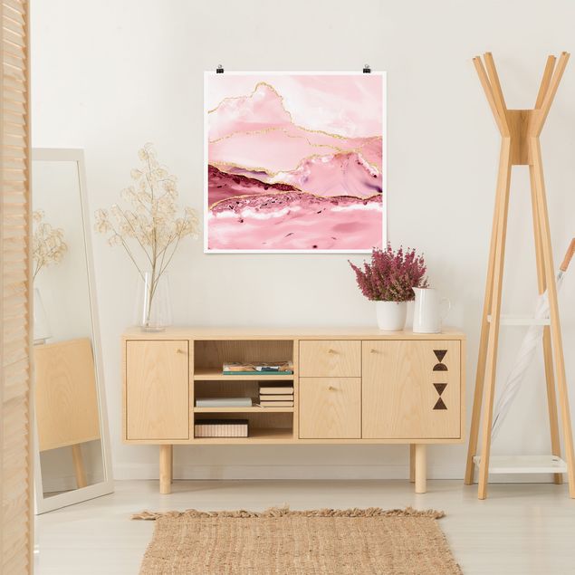 Póster cuadros famosos Abstract Mountains Pink With Golden Lines